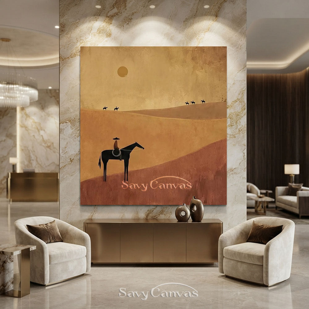 English Alt Text: Handmade abstract oil painting featuring a solitary rider on a black horse navigating terracotta desert sand dunes under a golden ochre sun in a minimalist modern style.