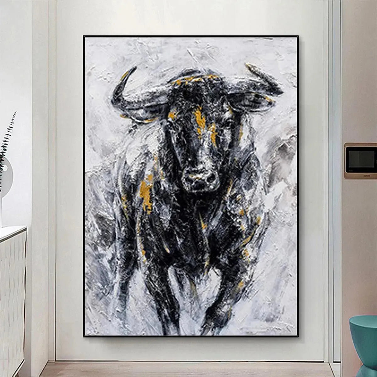 Textured Animal Painting | Large Vertical Charging Bull Canvas Art Decor