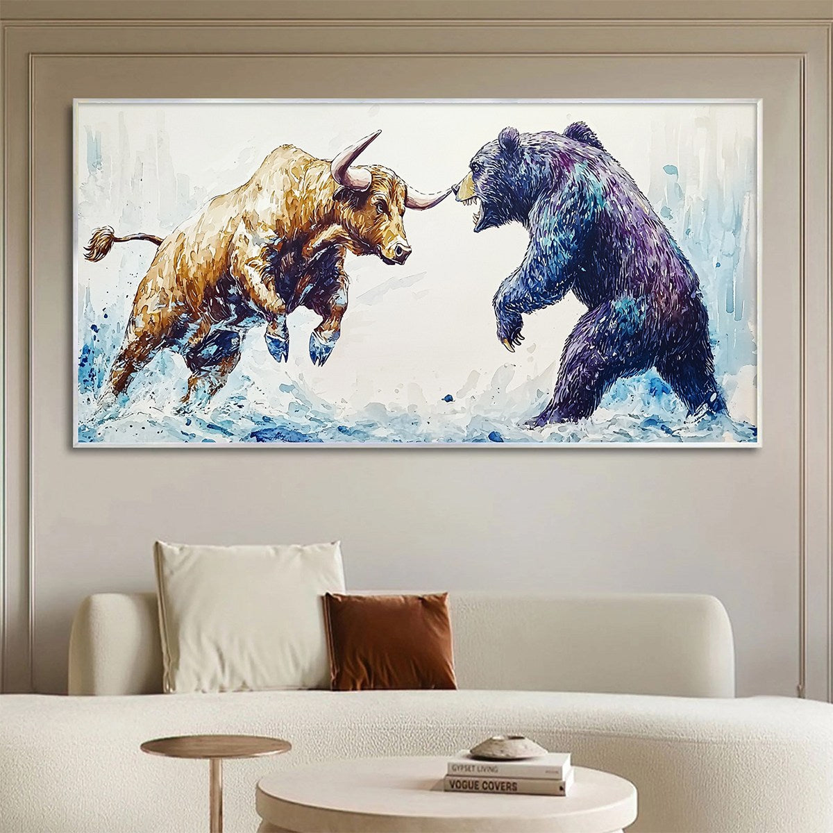 Handmade Bull and Bear Clash Art | Large Panoramic Painting