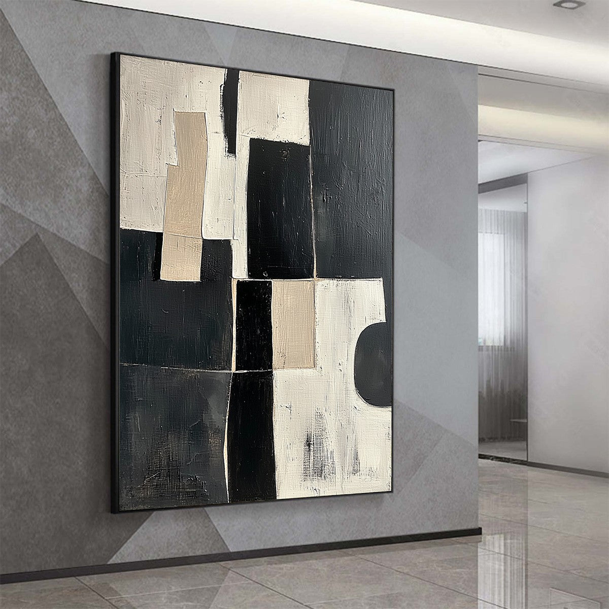 Black, Beige & White Geometric Abstract Art | Vertical Canvas #AA 317