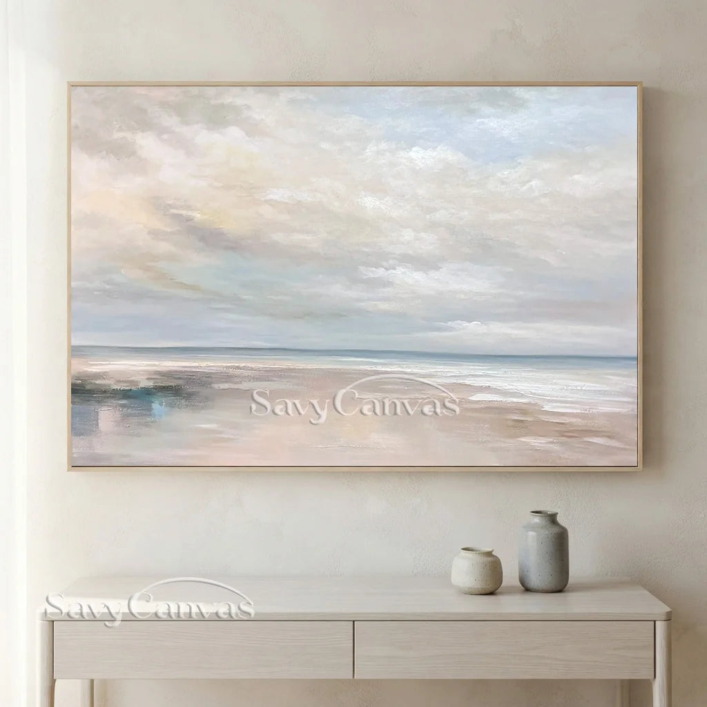 Calming Coastal Landscape Wall Art | Abstract Seascape Cloud Painting #ZZ 080