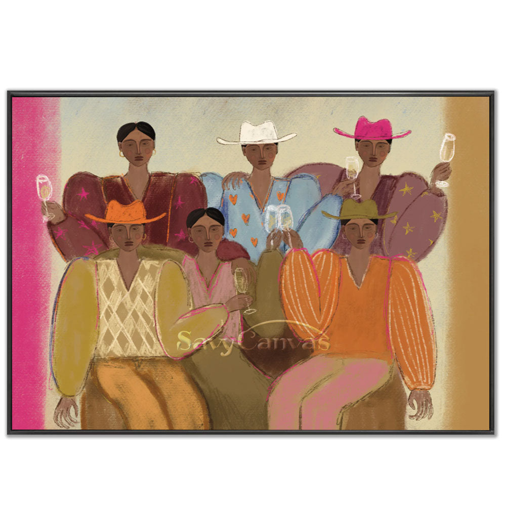 Vibrant handmade abstract oil painting depicting six women in colorful cowboy hats and retro outfits raising champagne glasses in a festive toast, featuring rich textures in orange, pink, and brown.