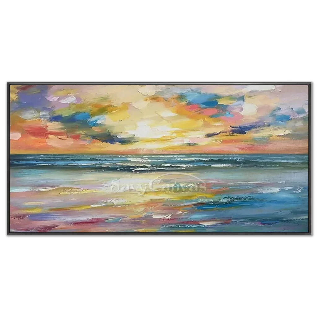 Colorful Sunset Seascape Art - Textured Ocean Oil Painting #JJ 192