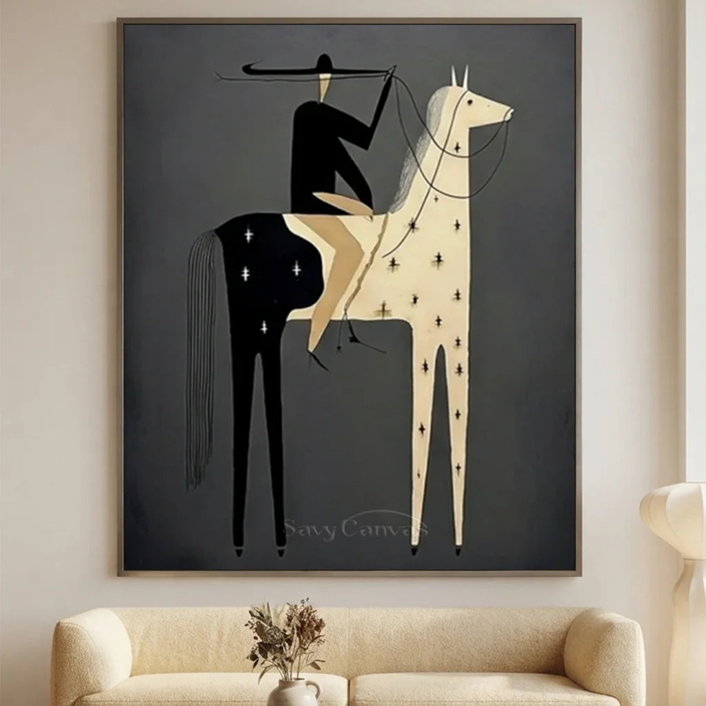 Handcrafted dark folk western oil painting featuring a mysterious rider on a horse against a moody black and white textured background