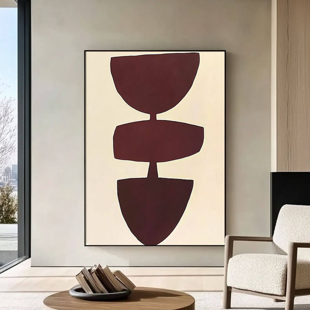 Mid-Century Modern Abstract Wall Decor | Retro Maroon Art Print