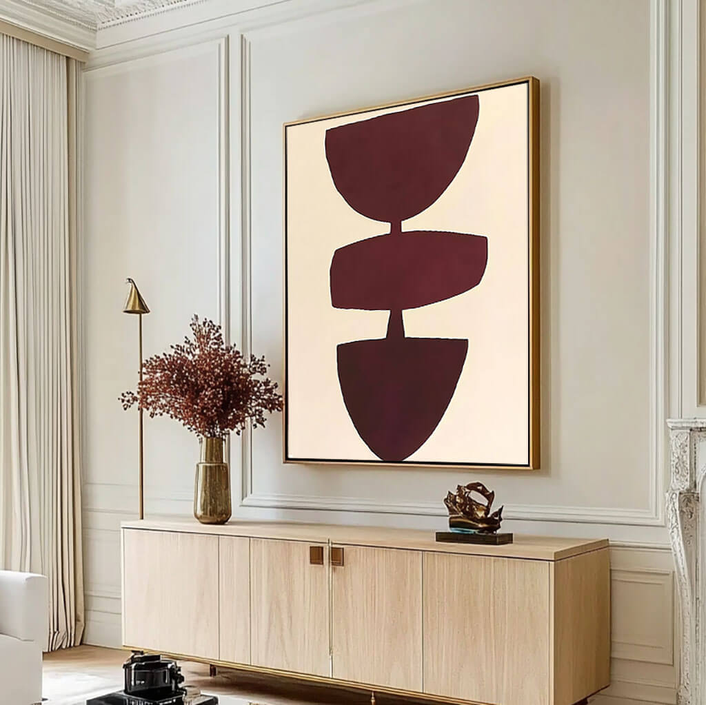 Minimalist Geometric Abstract Wall Art | Burgundy Shapes Canvas #AA 329