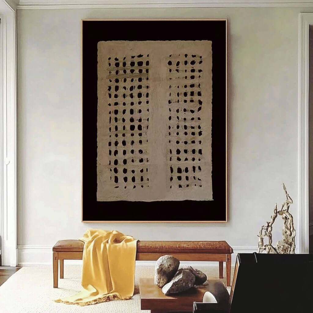 Black and Beige Dotted Abstract Canvas | Modern Minimalist Art #AA 334