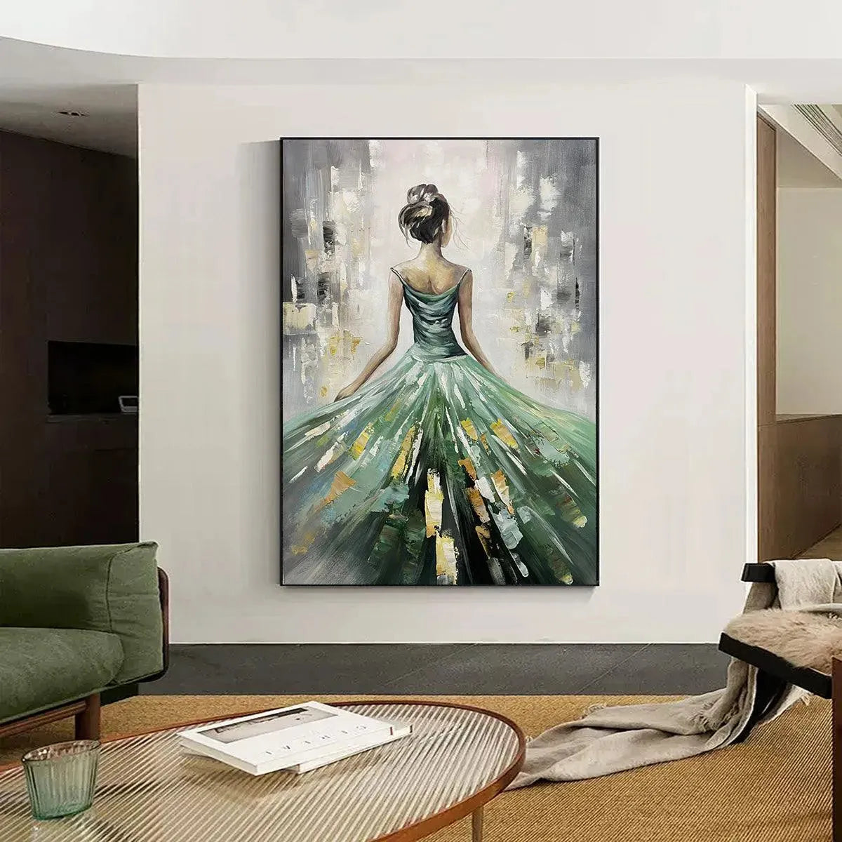 art deco painting woman in green dress Textured Abstract danasept