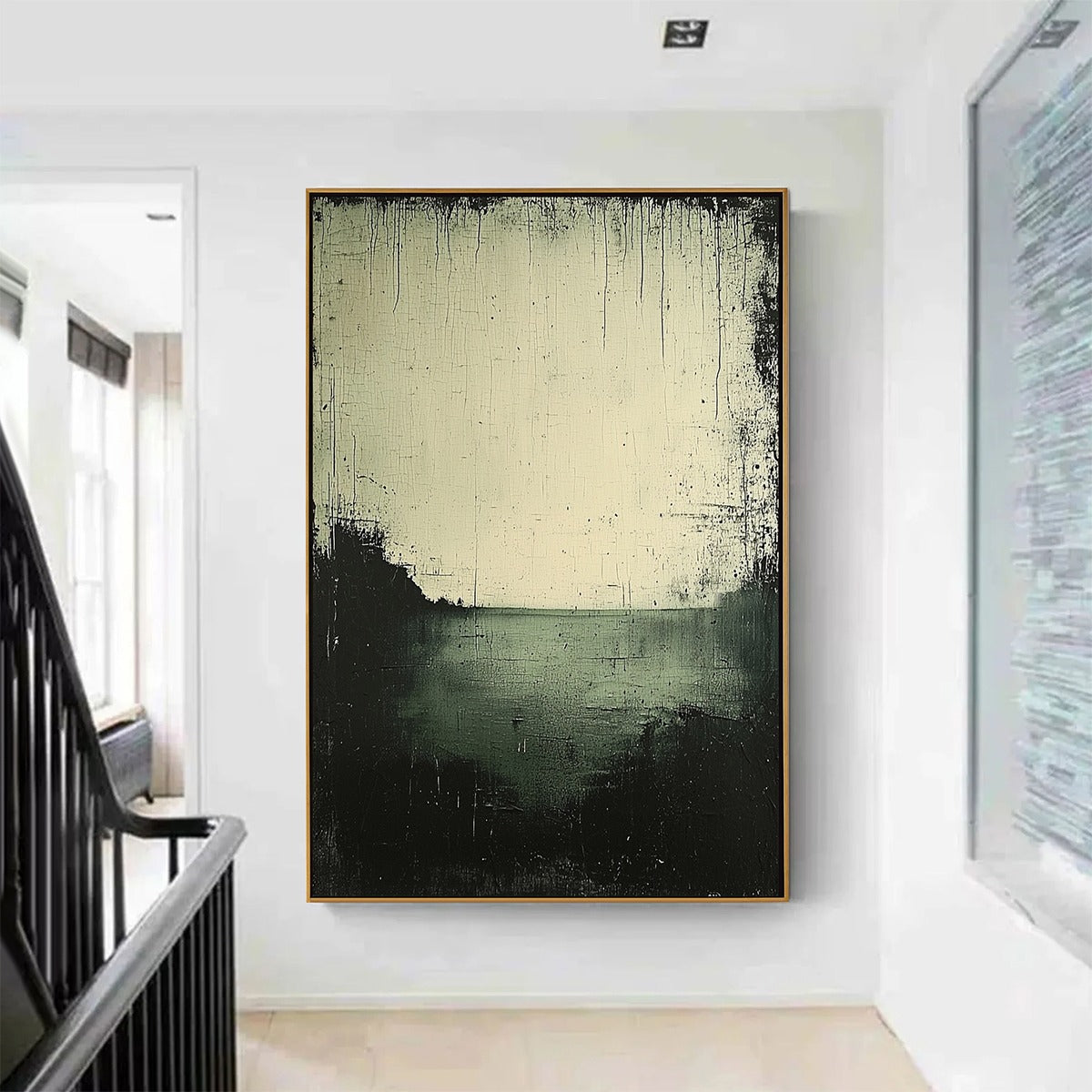 Moody Abstract Landscape Painting | Dark Green & Cream Art