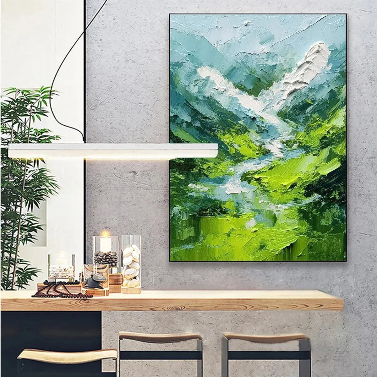 Vibrant Green Textured Painting | Abstract Mountain Valley Art #TC 256