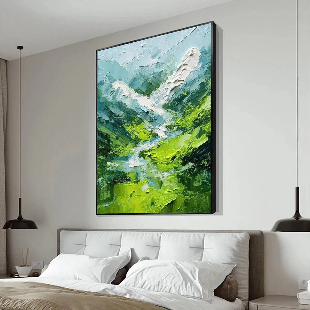 Vibrant Green Textured Painting | Abstract Mountain Valley Art #TC 256