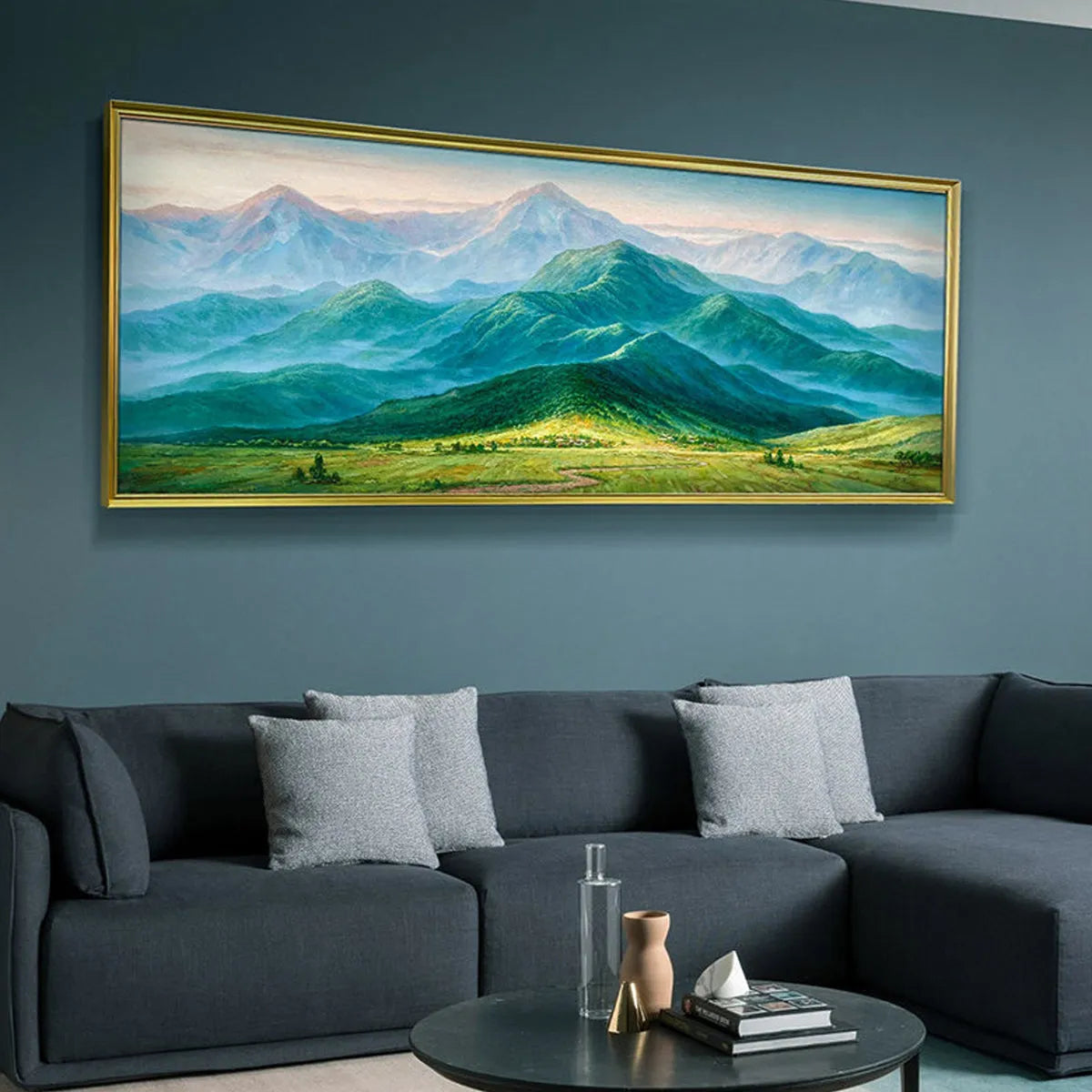 Panoramic Mountain Landscape Painting | Large Green Valley Wall Art #TC 257