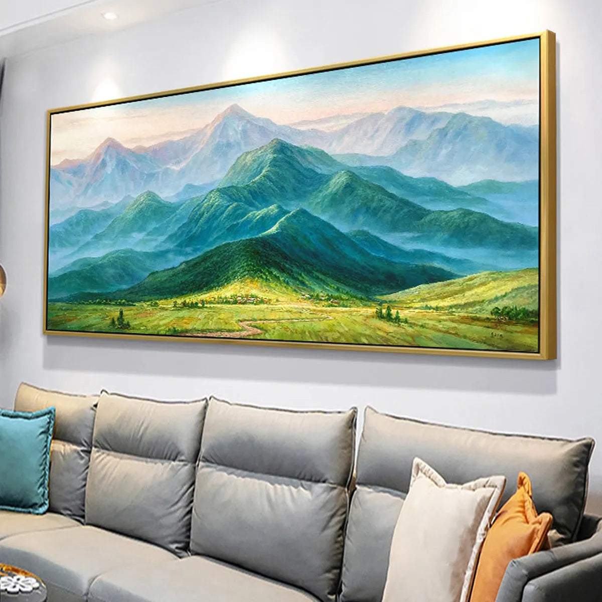 Panoramic Mountain Landscape Painting | Large Green Valley Wall Art #TC 257