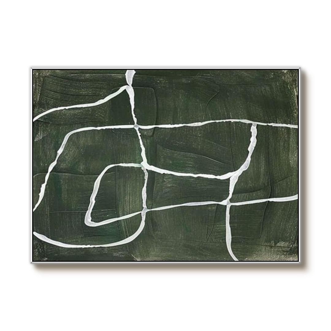 Deep Forest Green Abstract Wall Art | Minimalist White Line Canvas #AA 335