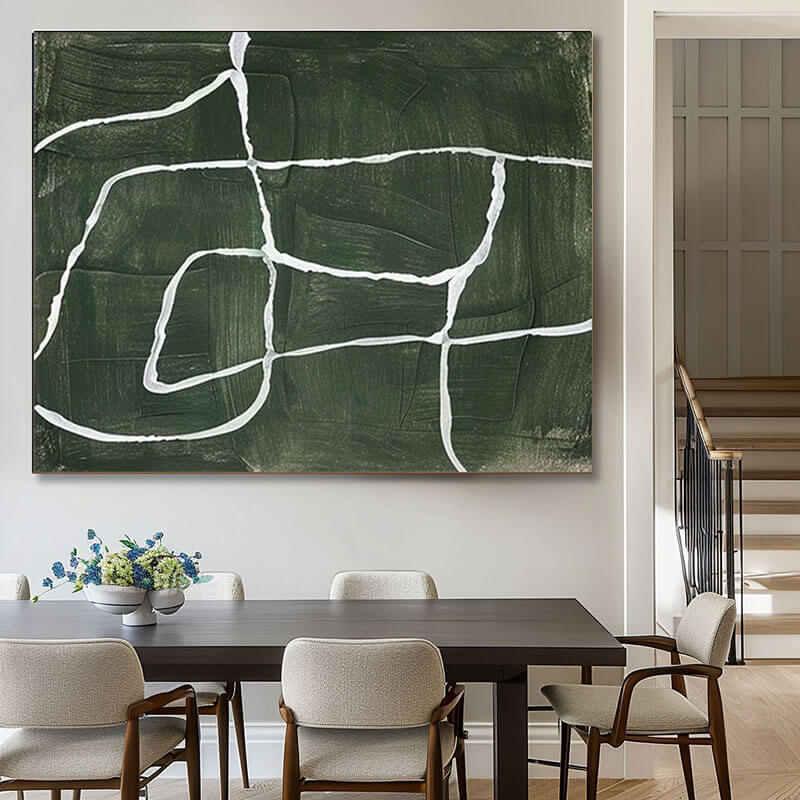 Deep Forest Green Abstract Wall Art | Minimalist White Line Canvas #AA 335