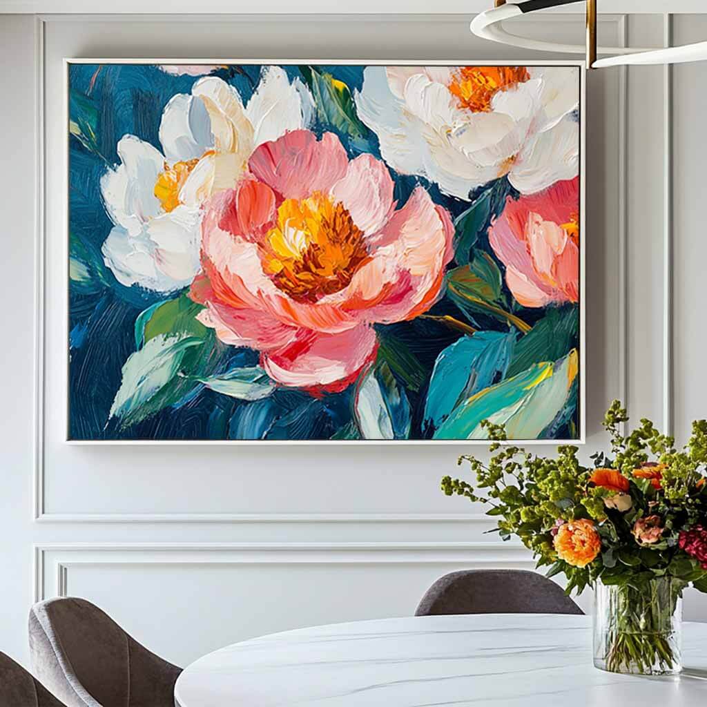 Teal Blue and Pink Floral Canvas | Bold Contrast Wall Decor