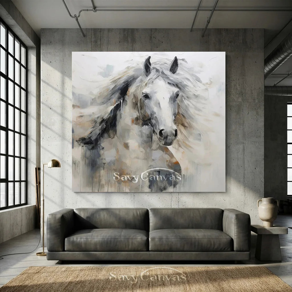 Expressive White Horse Painting | Large Modern Equine Wall Art #ZZ 152