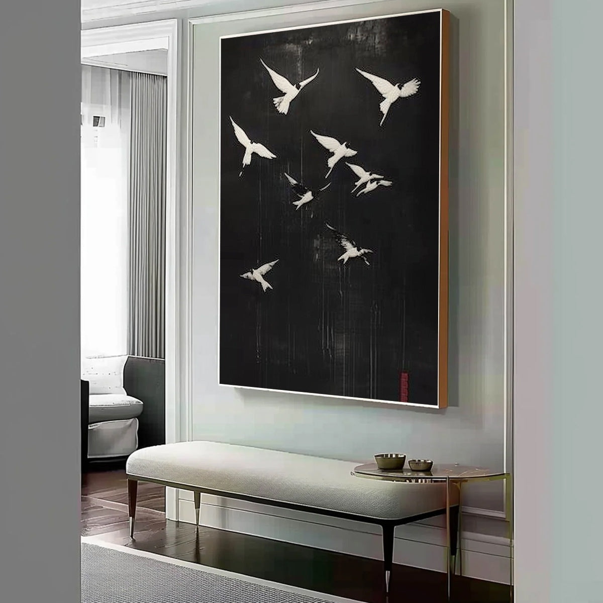 Minimalist Bird Art | Original Black & White Flight Painting #ZZ 264