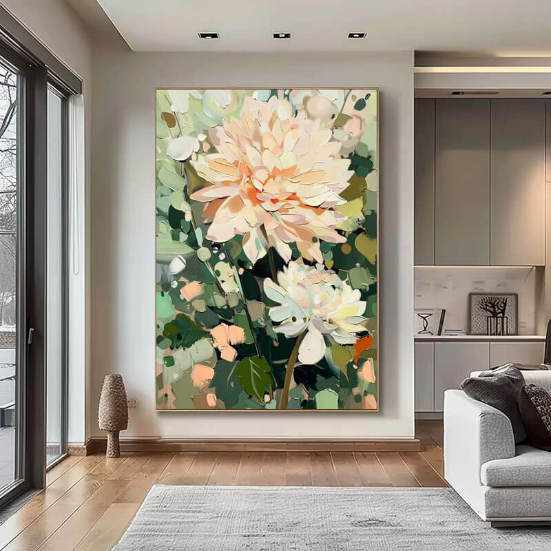 Peach Dahlia Canvas Wall Art | Vertical Floral Oil Painting #AA 342