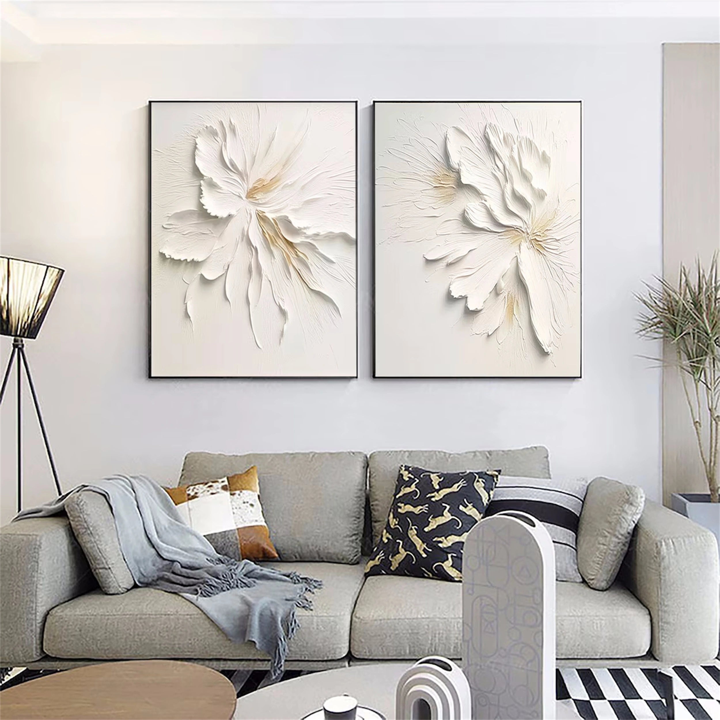 Contemporary Floral Design: White Textured Abstract Canvas Set of 2 #ZZ 140