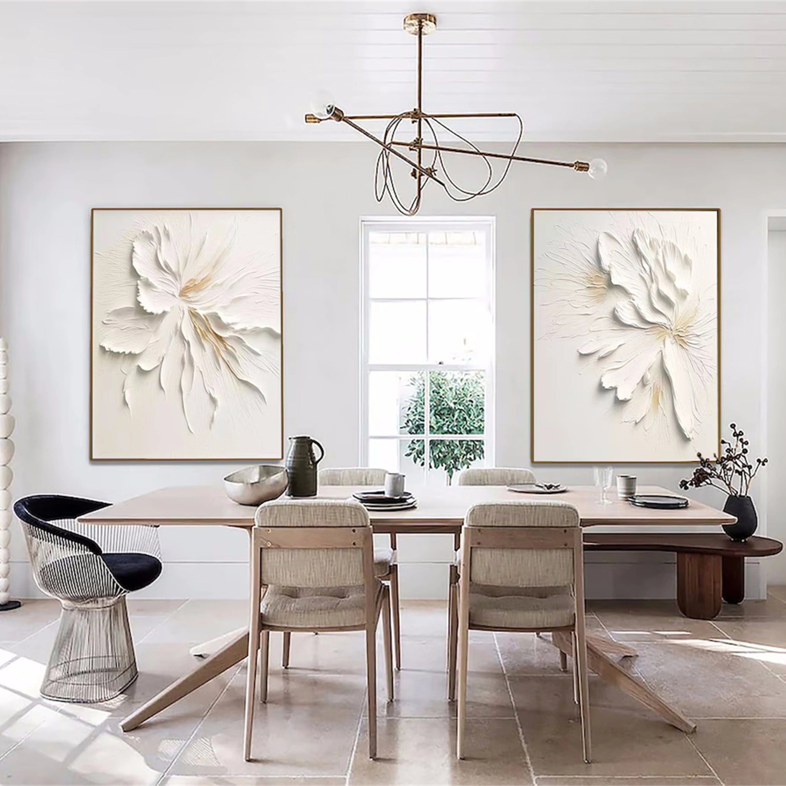 Contemporary Floral Design: White Textured Abstract Canvas Set of 2 #ZZ 140