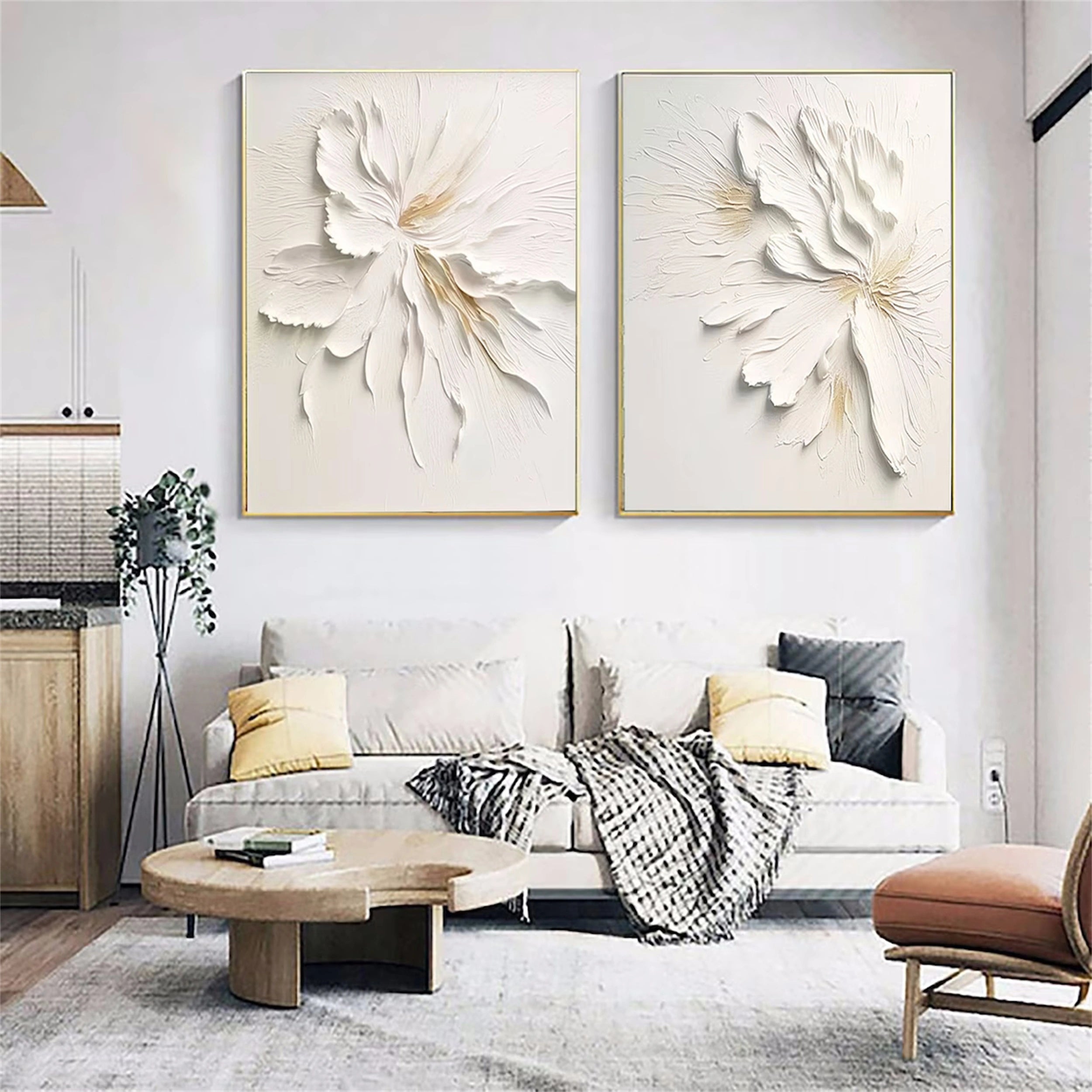 Contemporary Floral Design: White Textured Abstract Canvas Set of 2 #ZZ 140