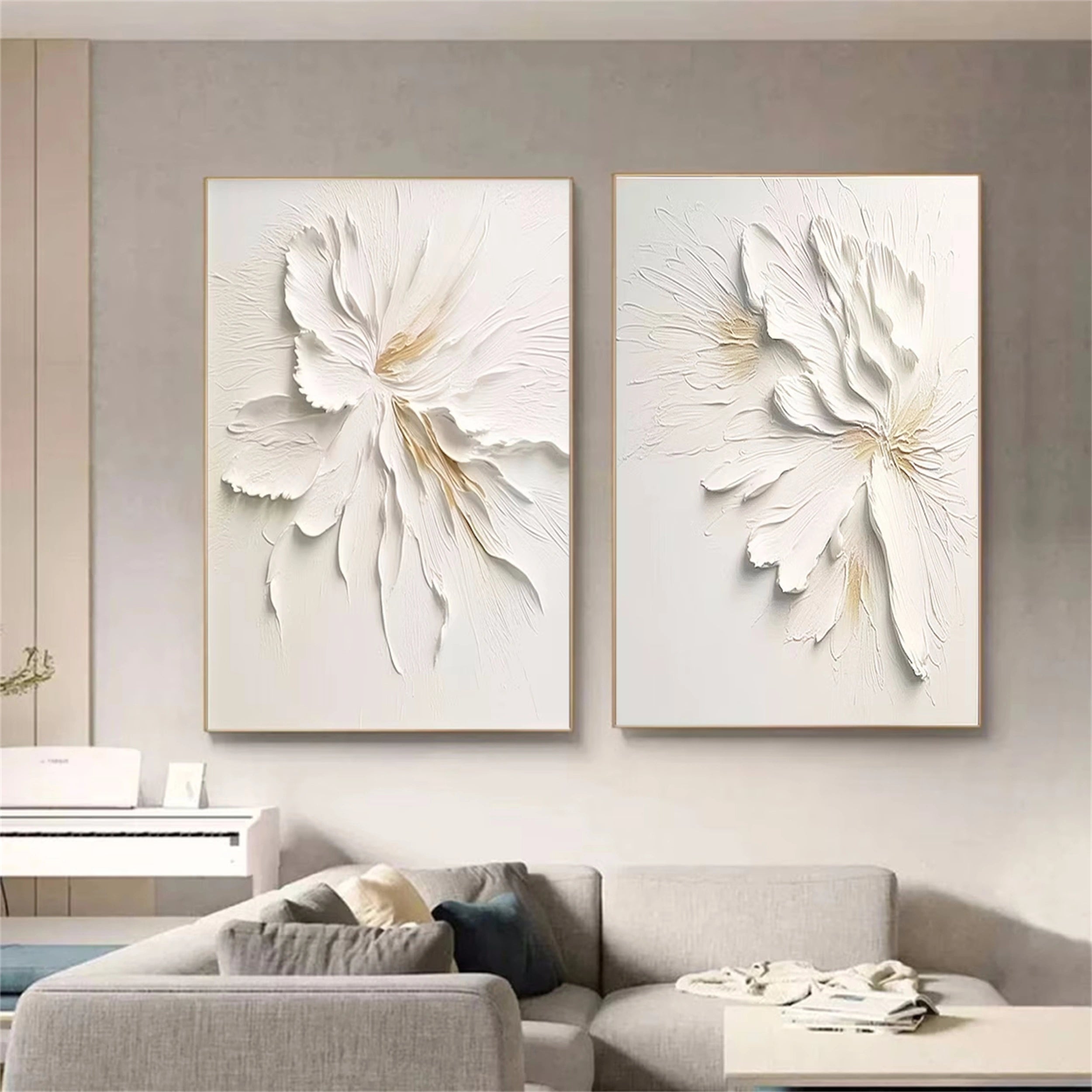 Contemporary Floral Design: White Textured Abstract Canvas Set of 2 #ZZ 140