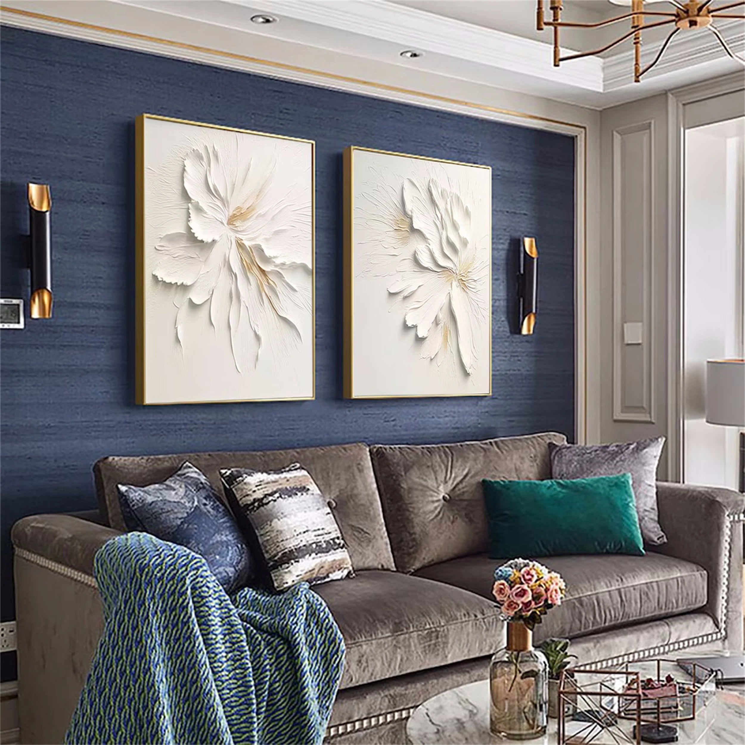 Contemporary Floral Design: White Textured Abstract Canvas Set of 2 #ZZ 140