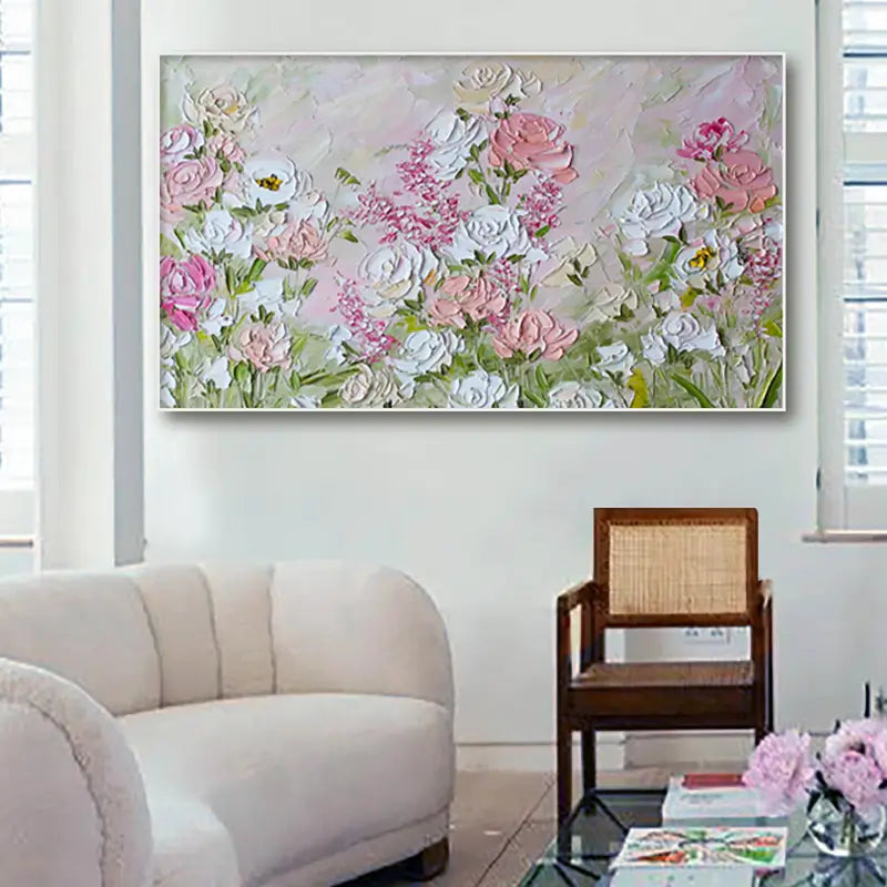 Textured Floral Painting | Pink White Impasto Flower Wall Art Decor #JJ 099