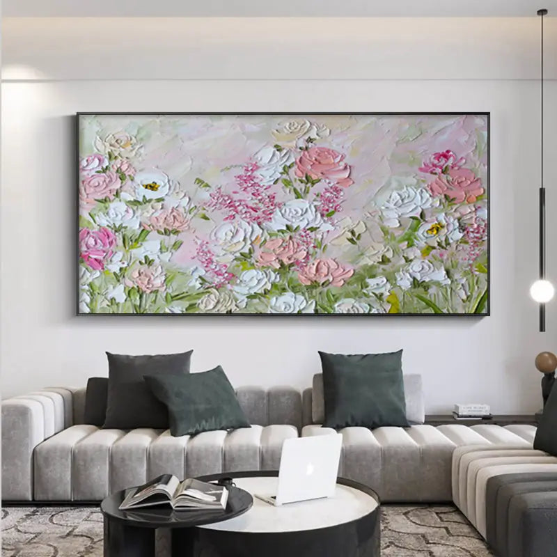 Textured Floral Painting | Pink White Impasto Flower Wall Art Decor #JJ 099