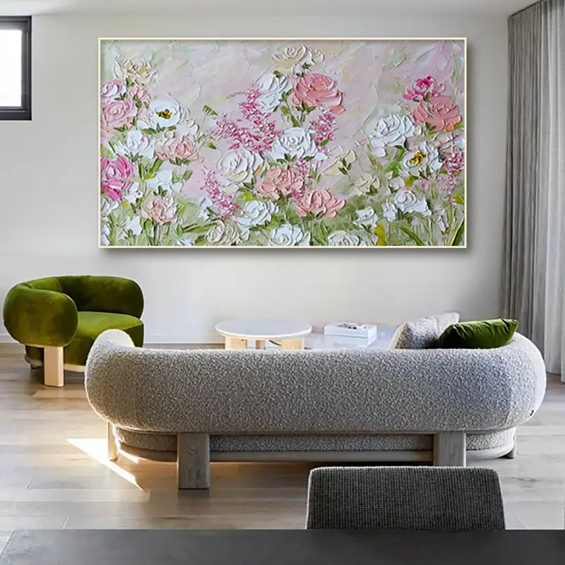 Textured Floral Painting | Pink White Impasto Flower Wall Art Decor #JJ 099