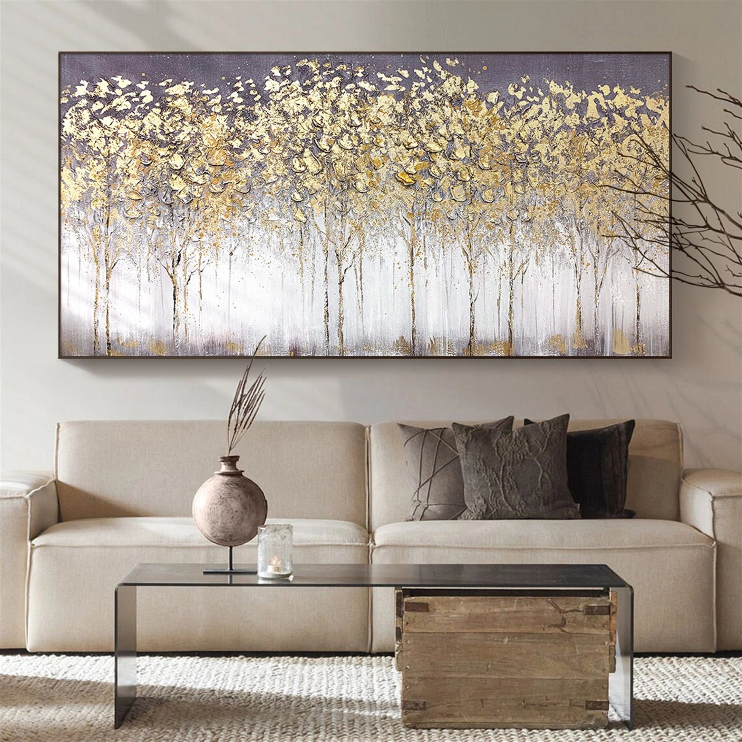 Textured Gold Tree Painting | Large Panoramic Abstract Forest Art #JJ 100