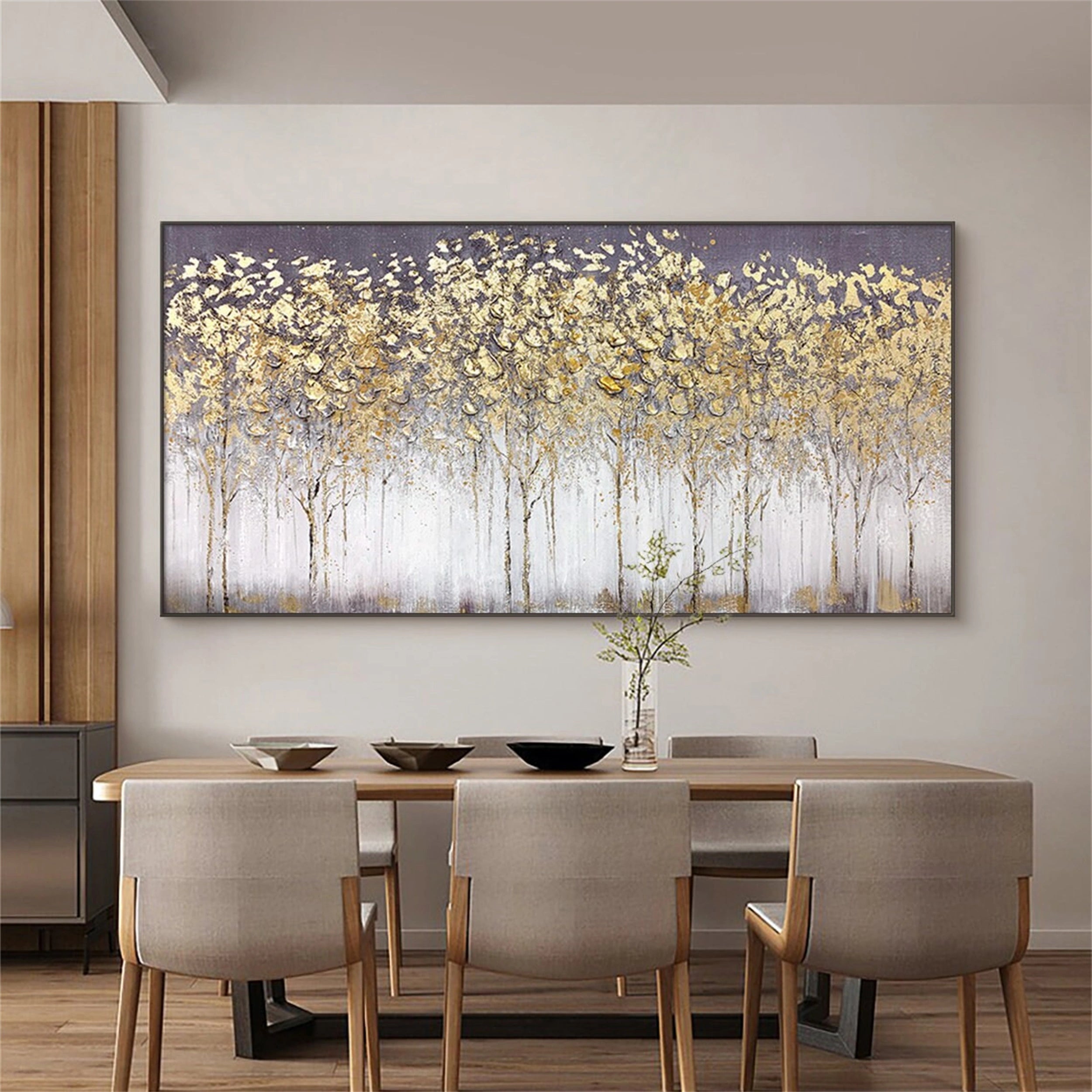 Textured Gold Tree Painting | Large Panoramic Abstract Forest Art #JJ 100