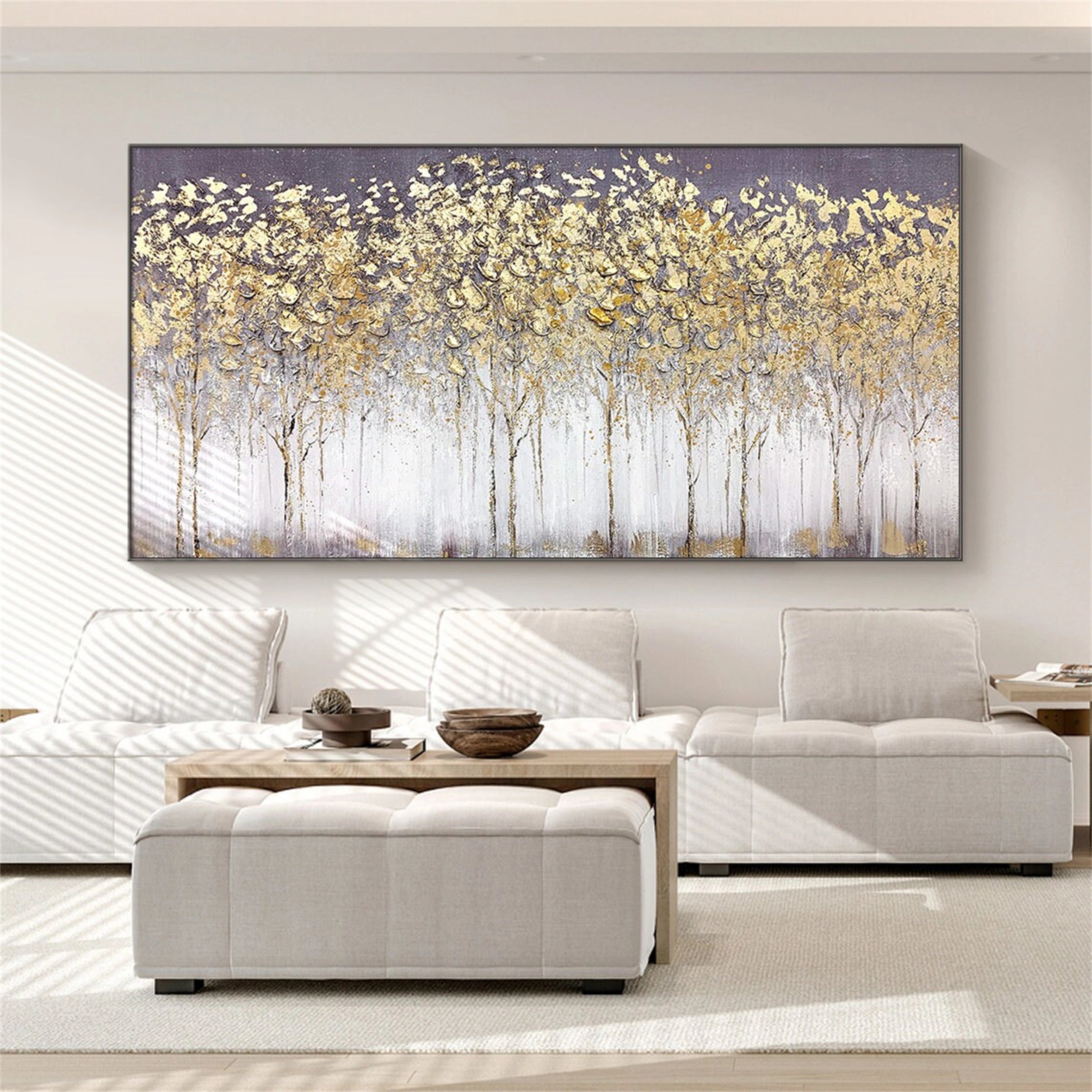 Textured Gold Tree Painting | Large Panoramic Abstract Forest Art #JJ 100