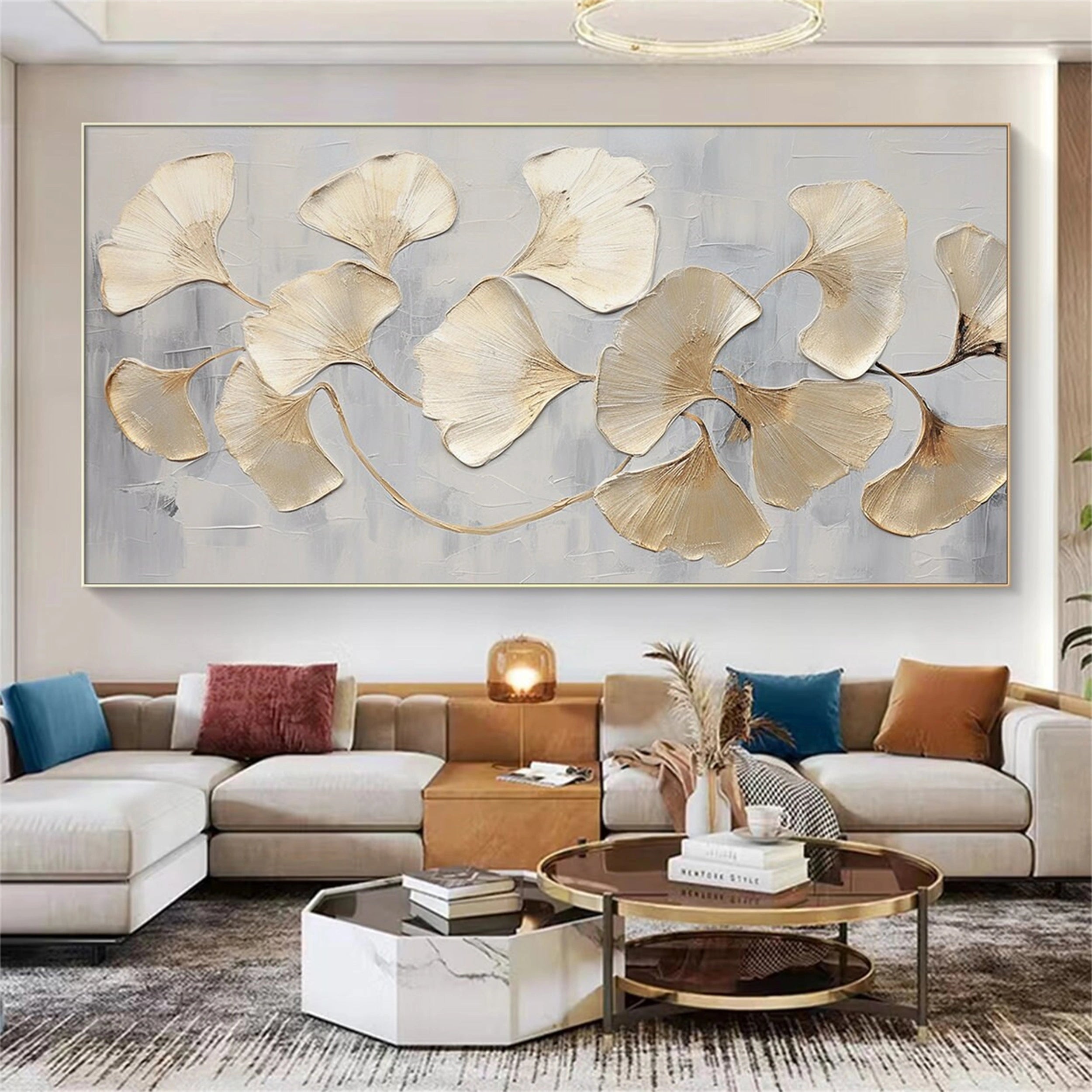 Large Abstract Leaf Artwork: Textured Ginkgo Painting for Living Room #ZZ 139