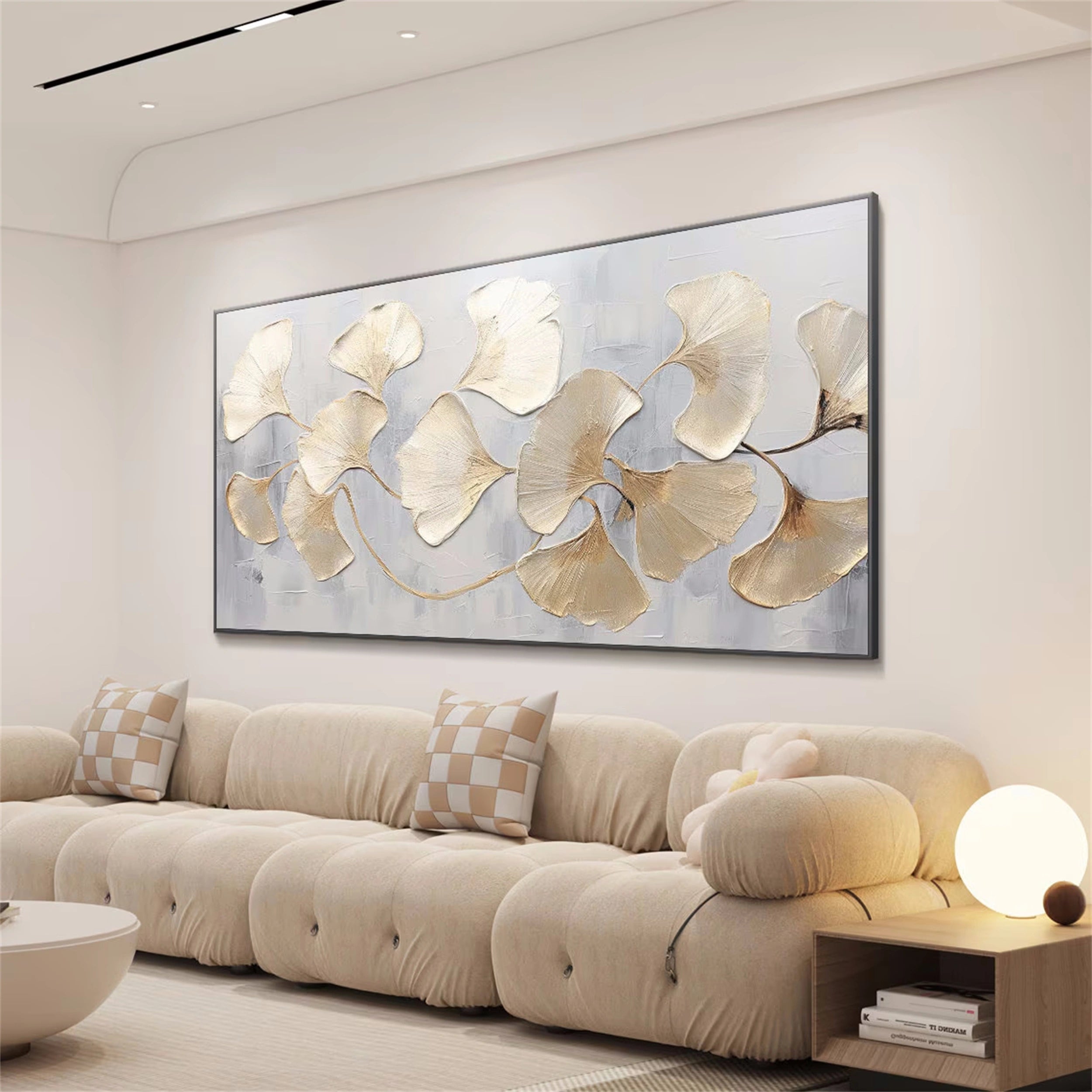 Large Abstract Leaf Artwork: Textured Ginkgo Painting for Living Room #ZZ 139