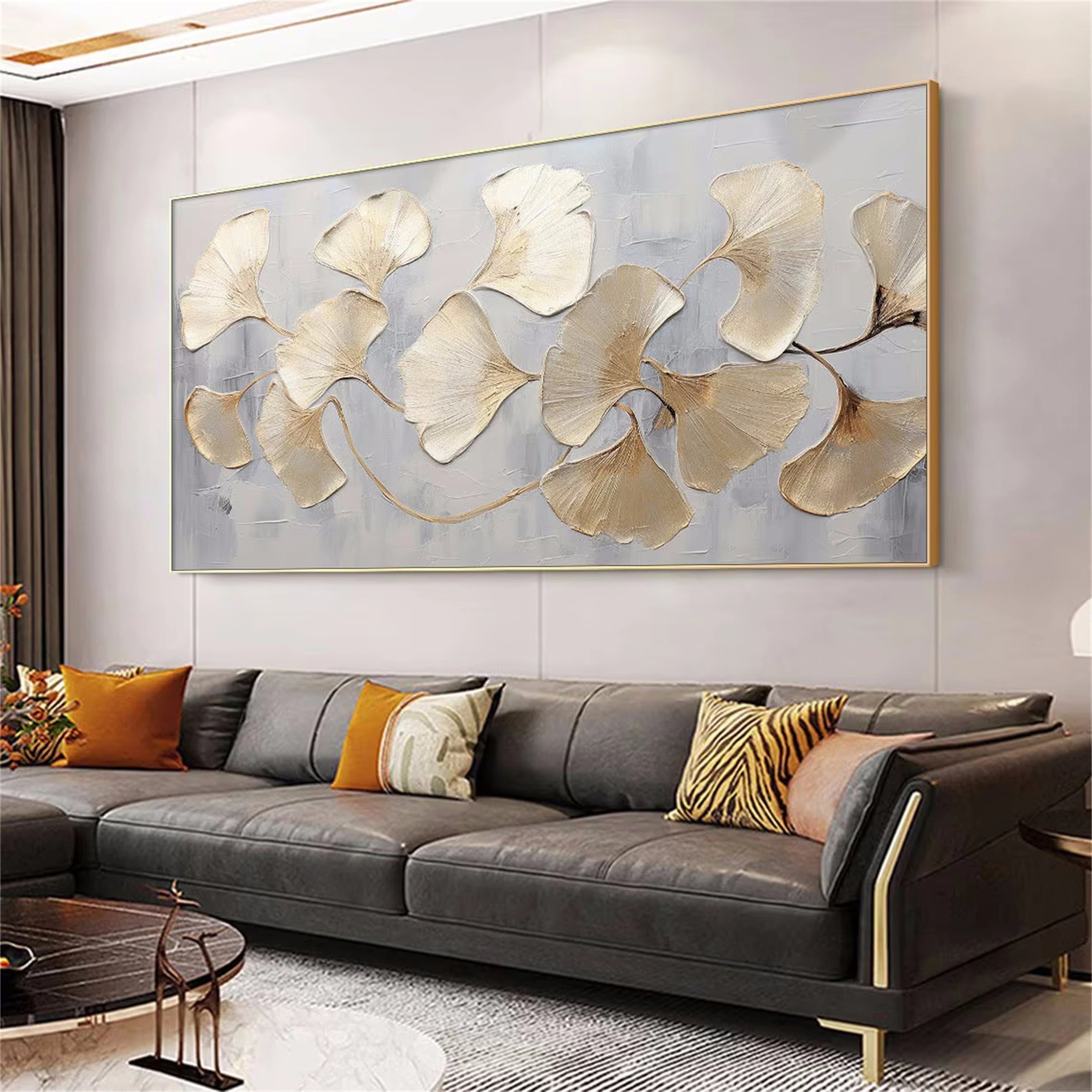 Large Abstract Leaf Artwork: Textured Ginkgo Painting for Living Room #ZZ 139