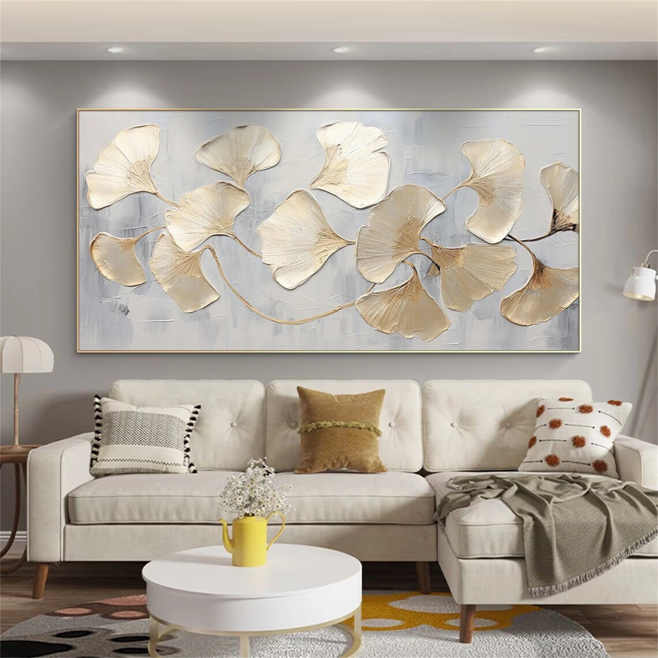Large Abstract Leaf Artwork: Textured Ginkgo Painting for Living Room #ZZ 139