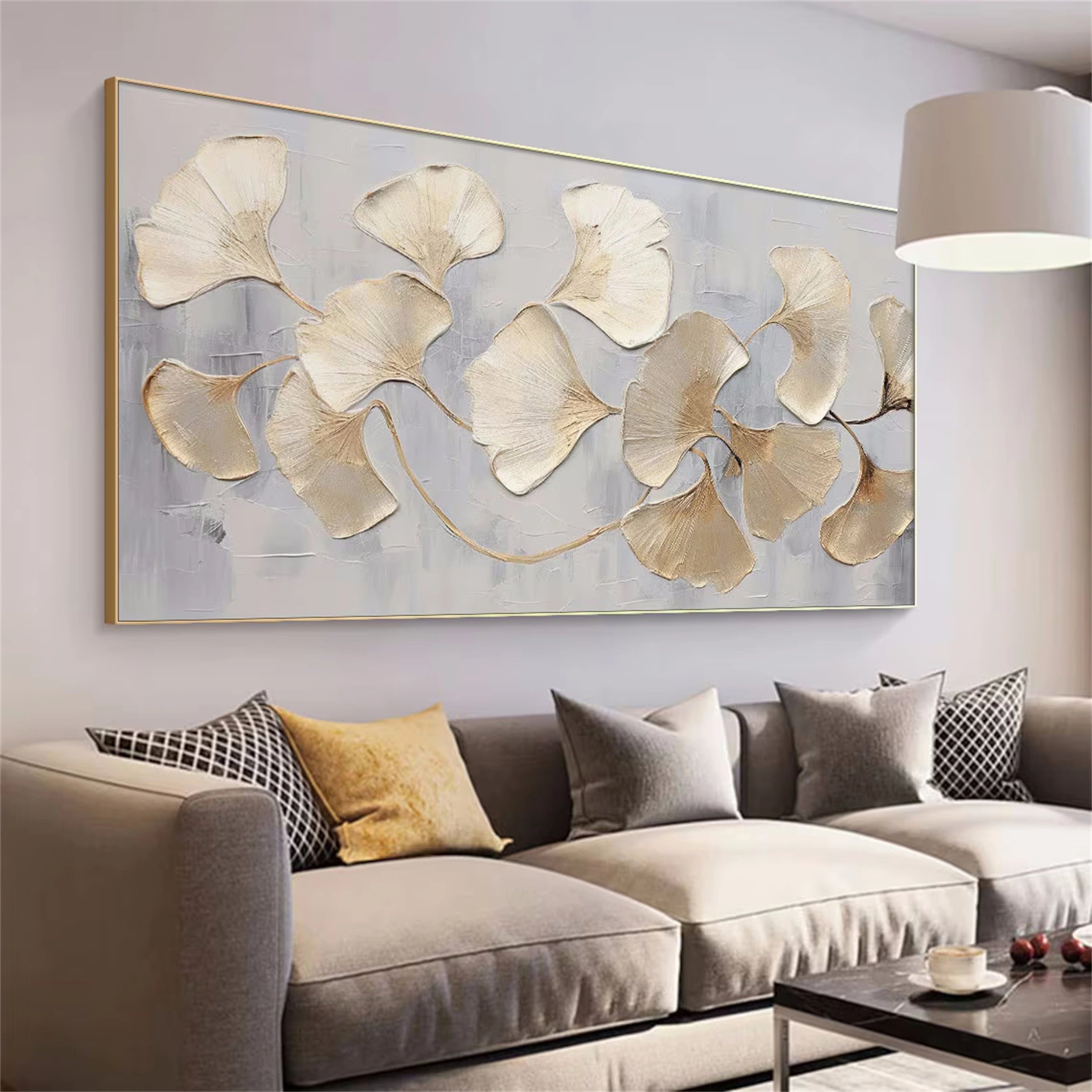 Large Abstract Leaf Artwork: Textured Ginkgo Painting for Living Room #ZZ 139