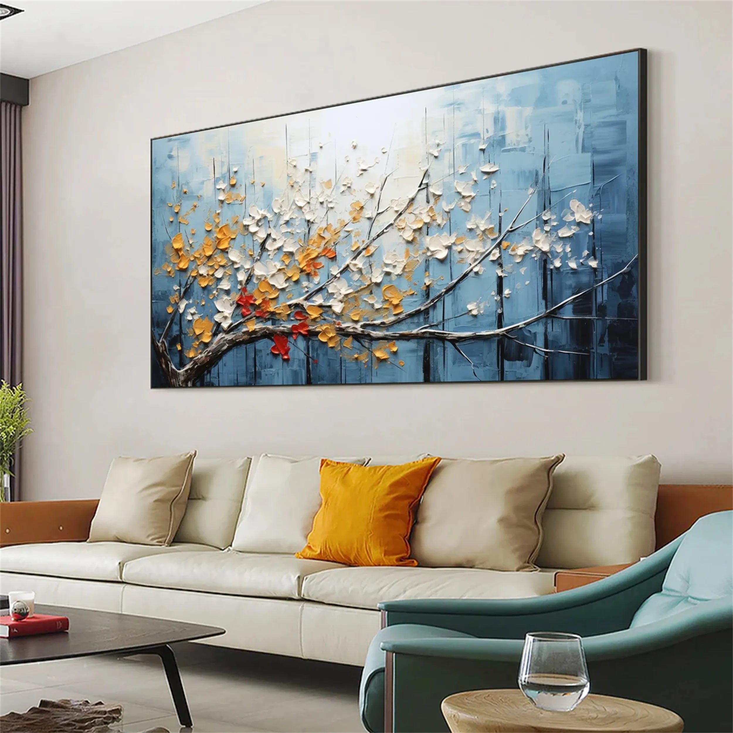 Textured Floral Wall Art | Large Blue Gold Blossom Branch Painting #ZZ 141