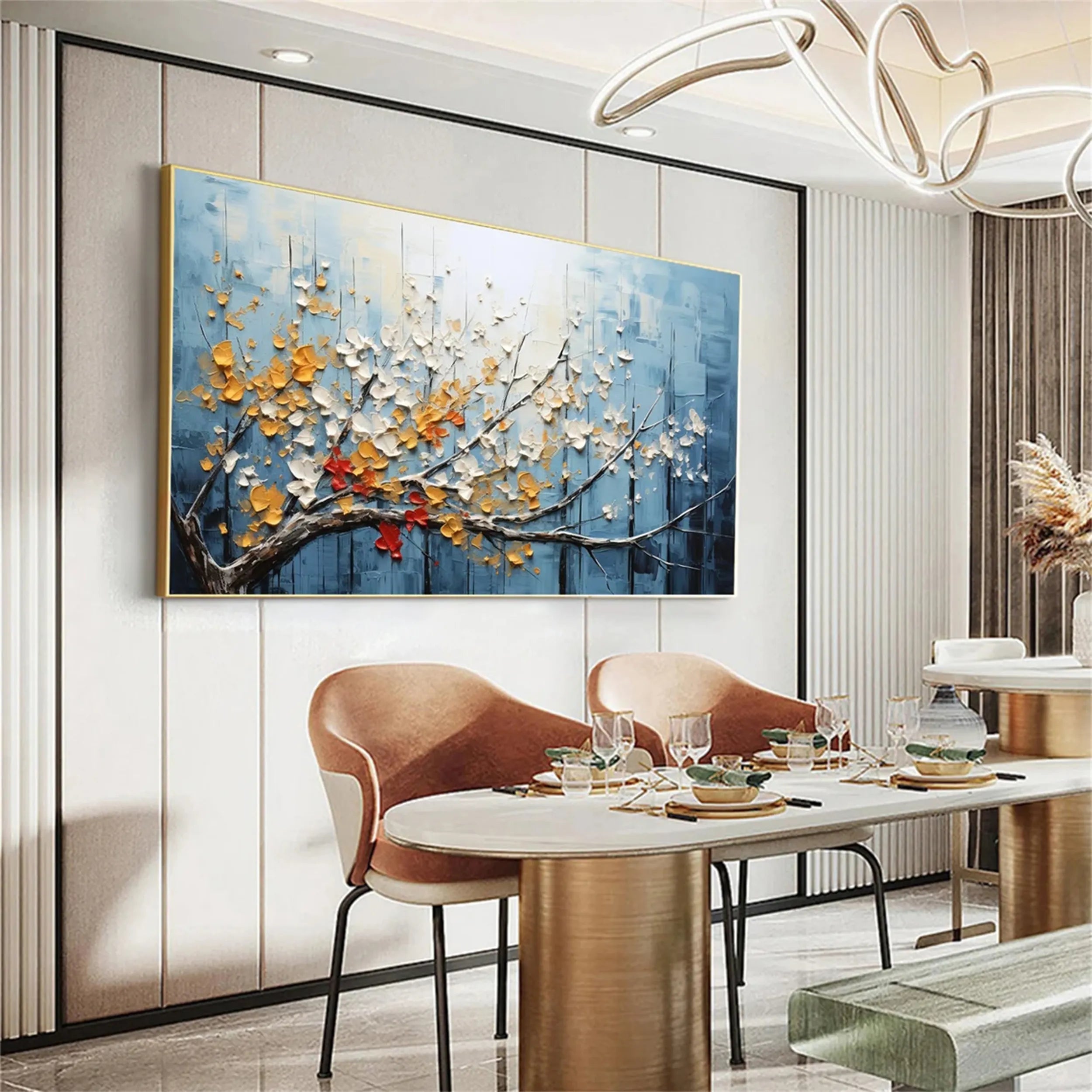 Textured Floral Wall Art | Large Blue Gold Blossom Branch Painting #ZZ 141