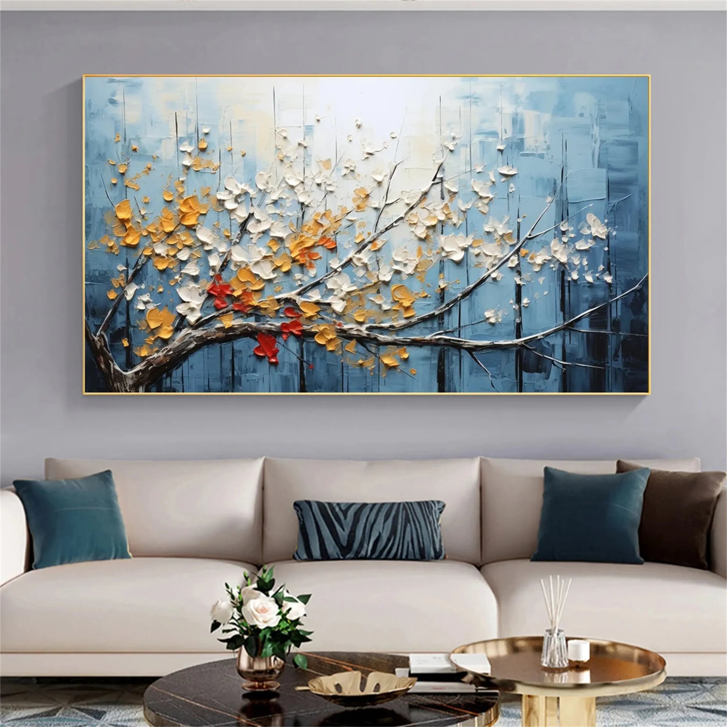 Textured Floral Wall Art | Large Blue Gold Blossom Branch Painting #ZZ 141