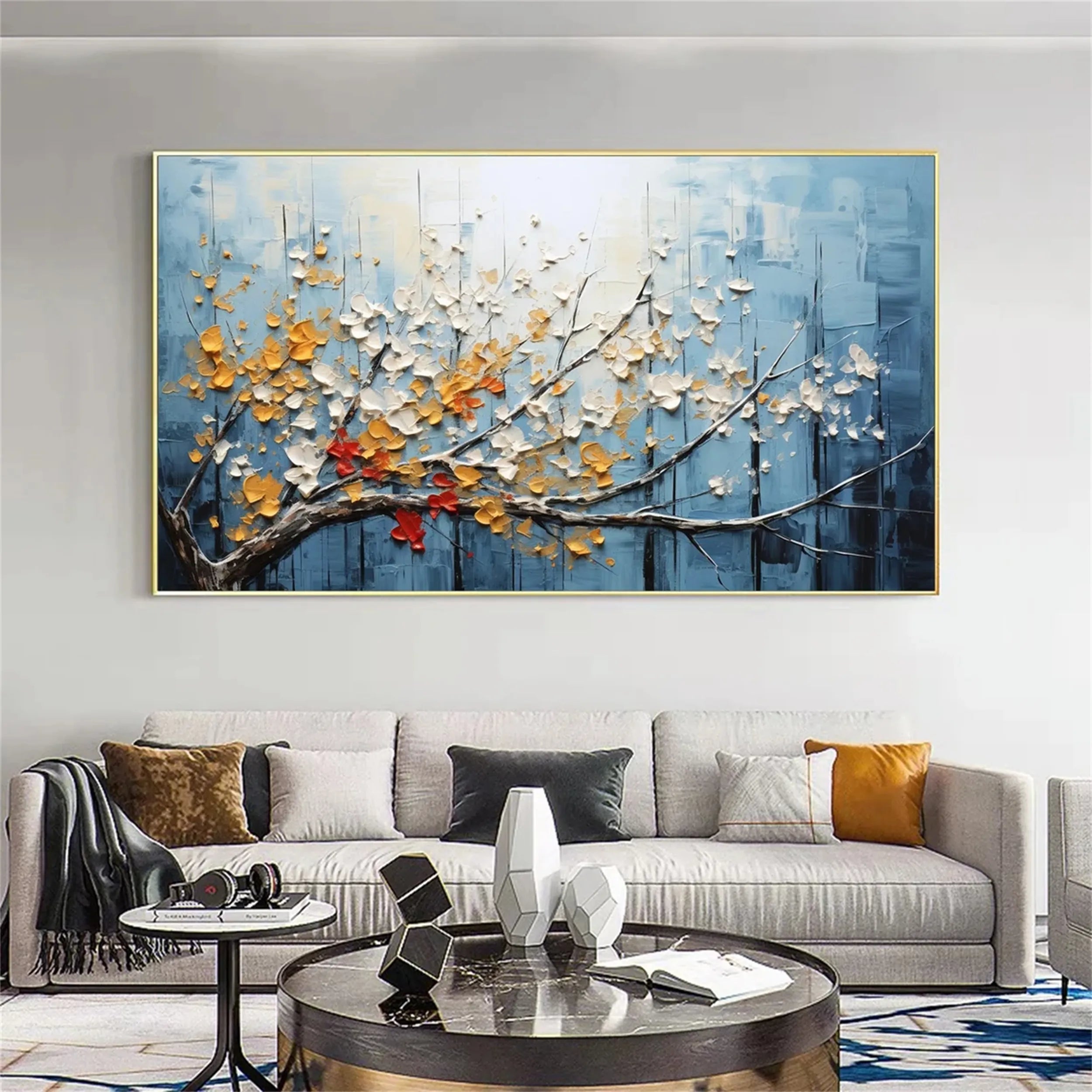 Textured Floral Wall Art | Large Blue Gold Blossom Branch Painting #ZZ 141