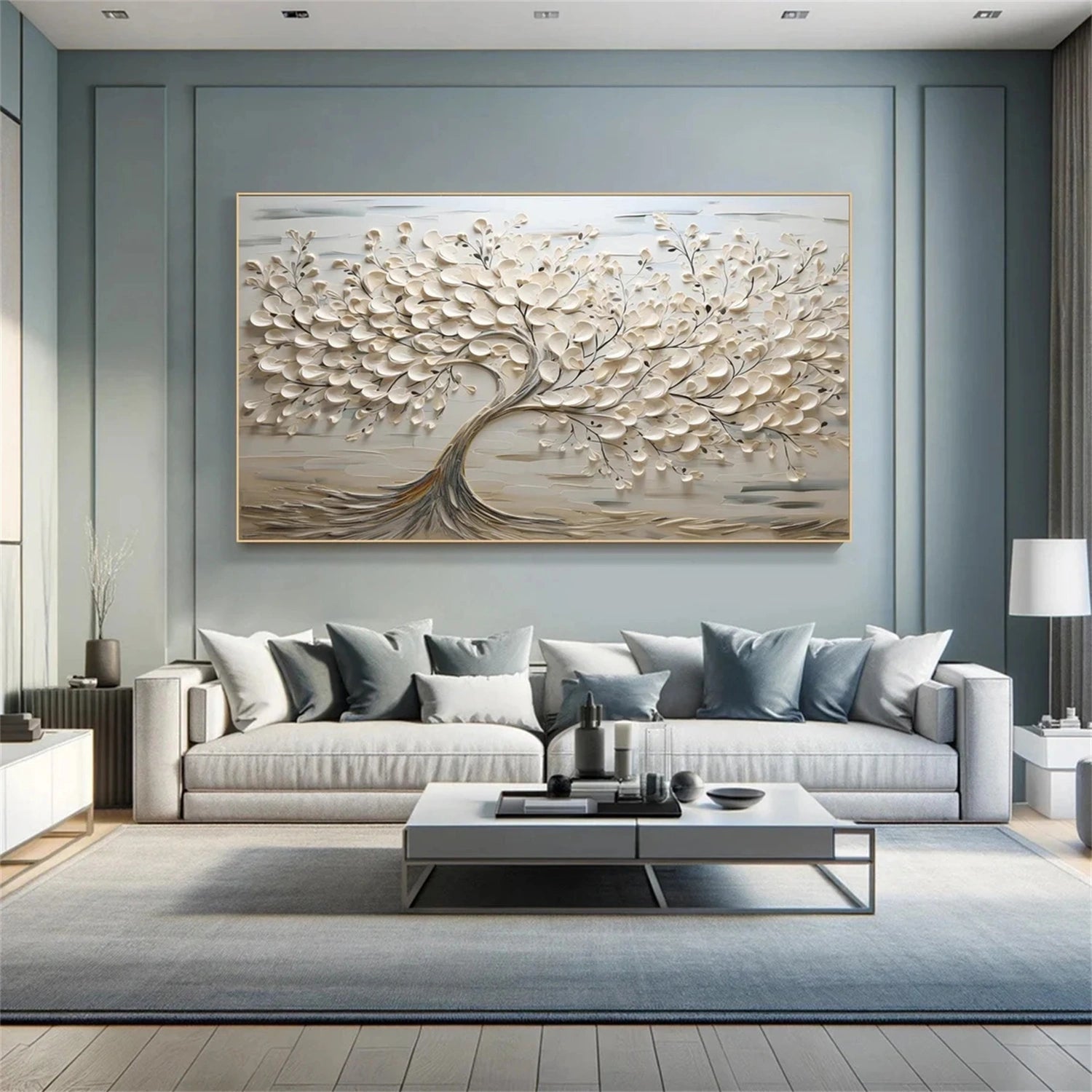 Oversized Abstract Tree Painting | Beige Textured Horizontal Wall Art Decor #ZZ 142