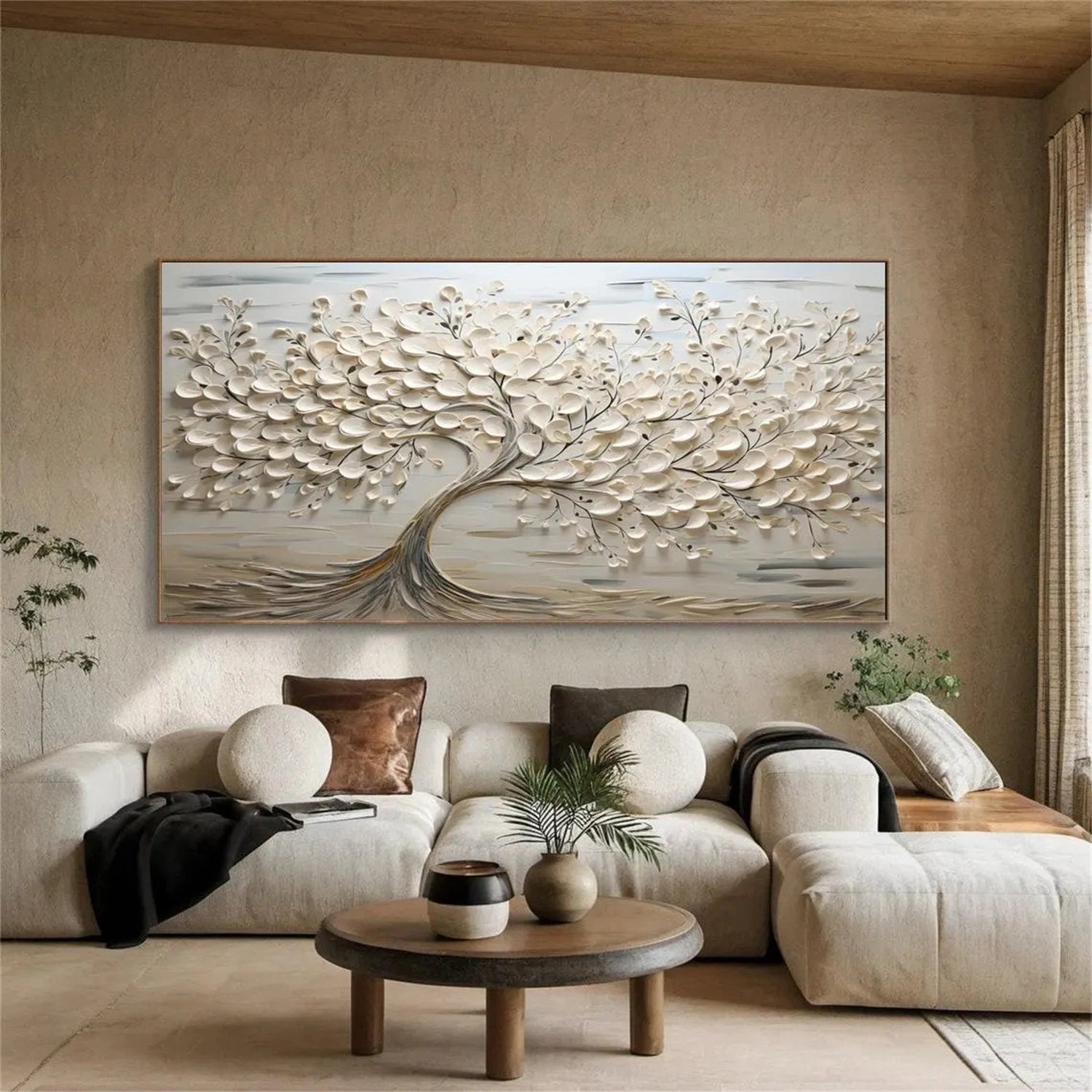Oversized Abstract Tree Painting | Beige Textured Horizontal Wall Art Decor #ZZ 142