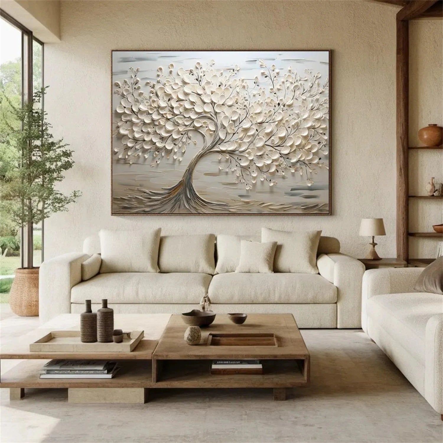 Oversized Abstract Tree Painting | Beige Textured Horizontal Wall Art Decor #ZZ 142