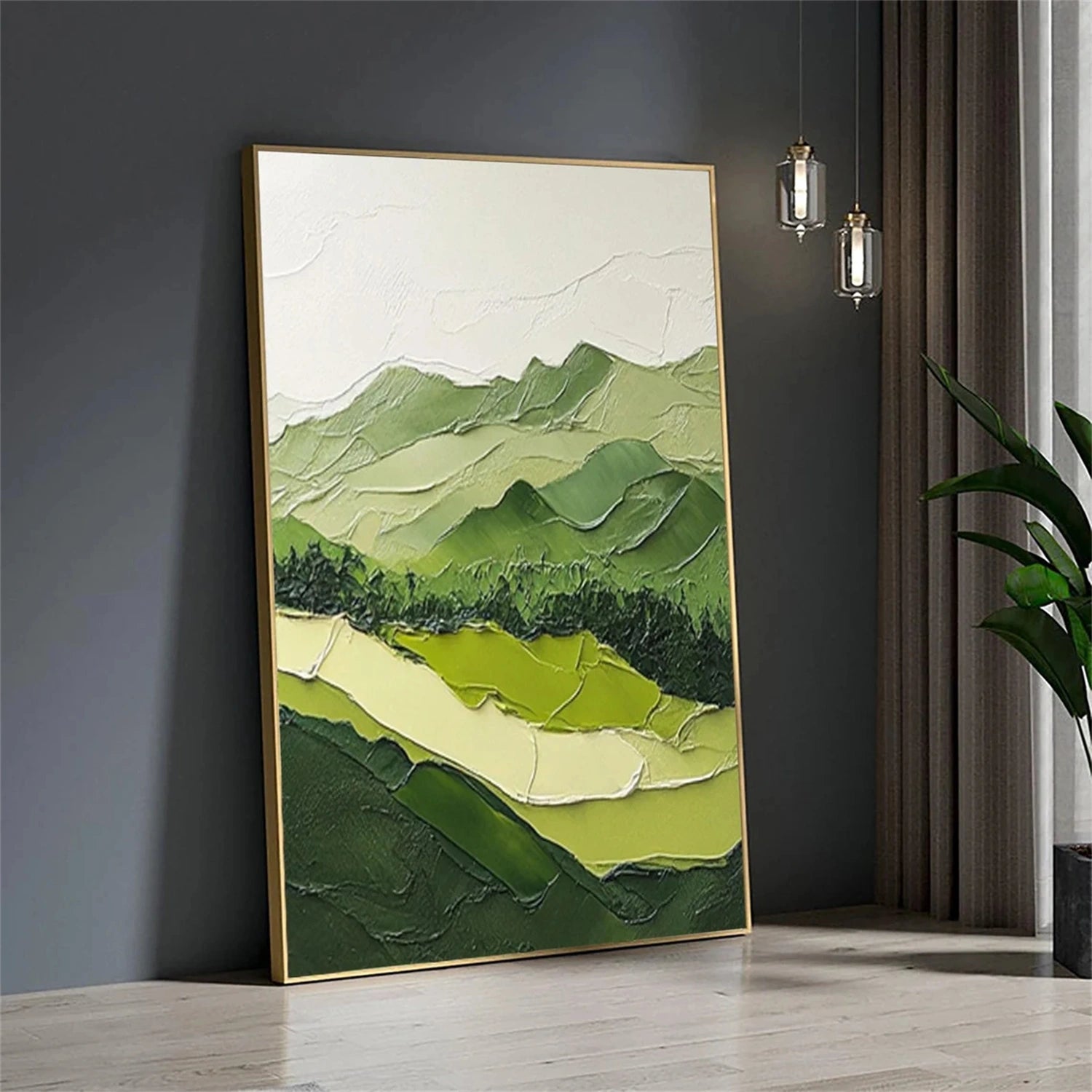 Modern Green & White Landscape Art- Minimalist Wall Decor #JJ 358