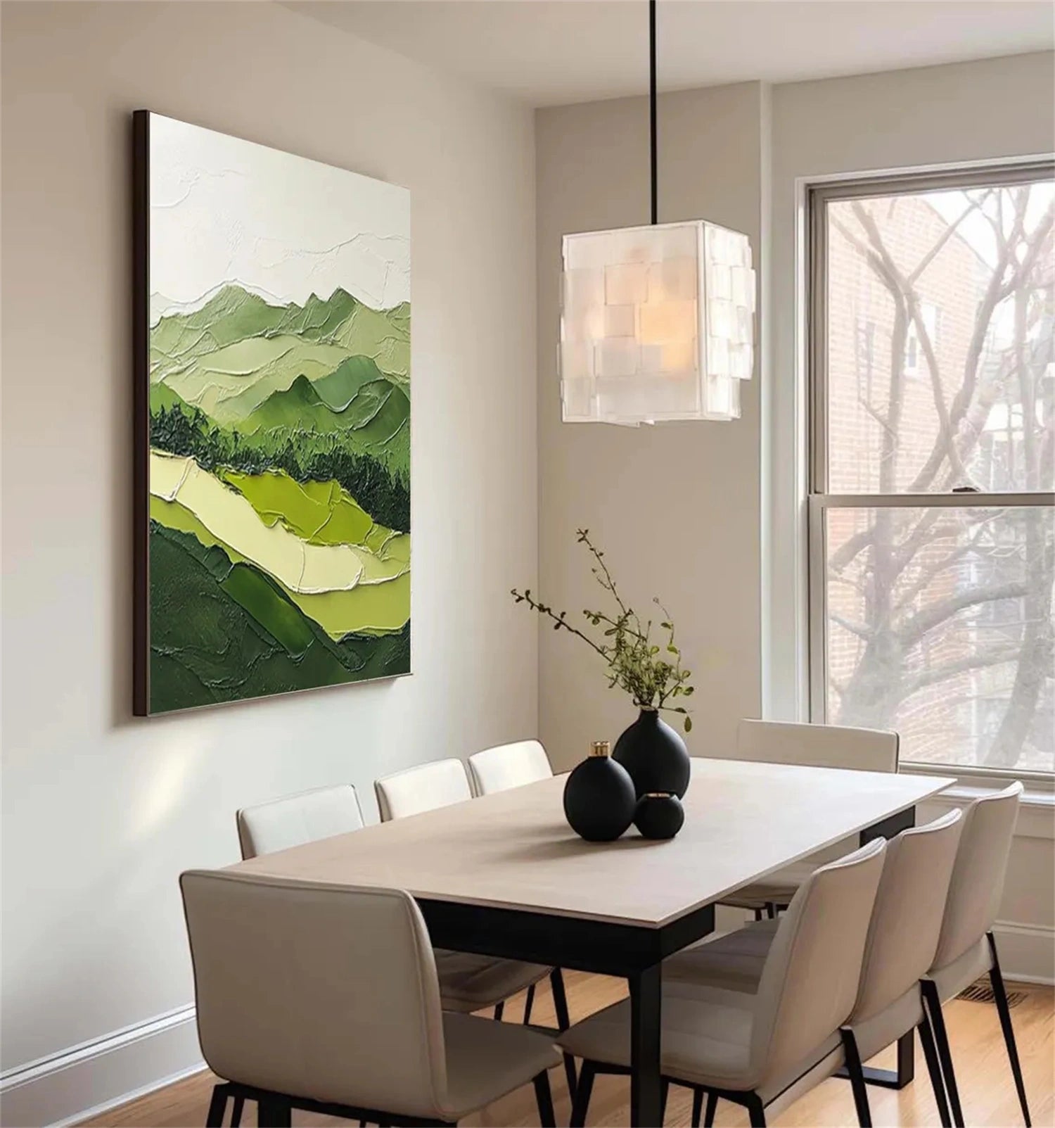 Modern Green & White Landscape Art- Minimalist Wall Decor #JJ 358