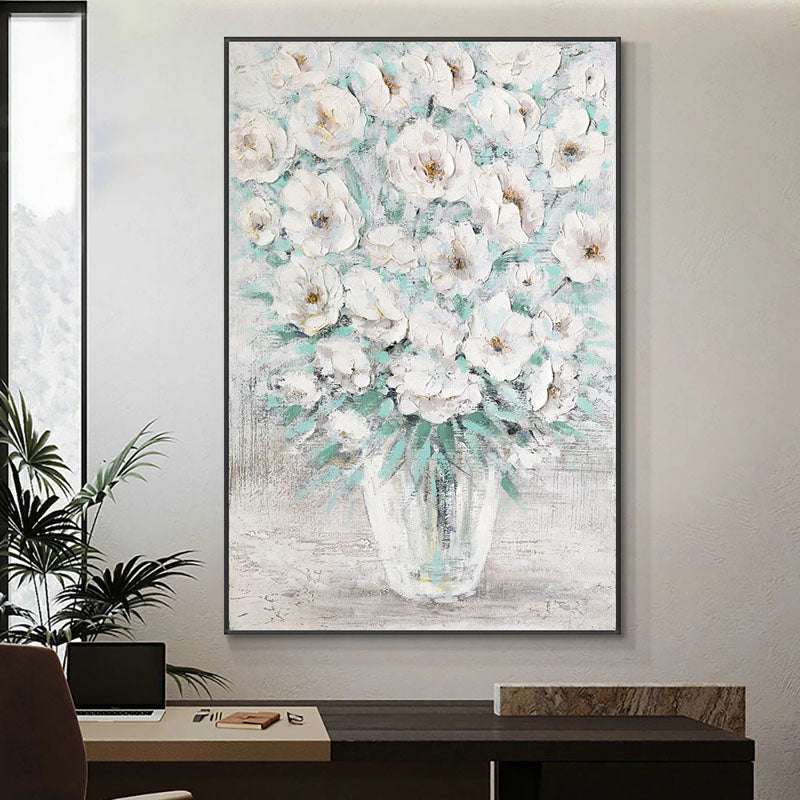 Serene Modern Floral Art | Hand-Painted White Flower Vase