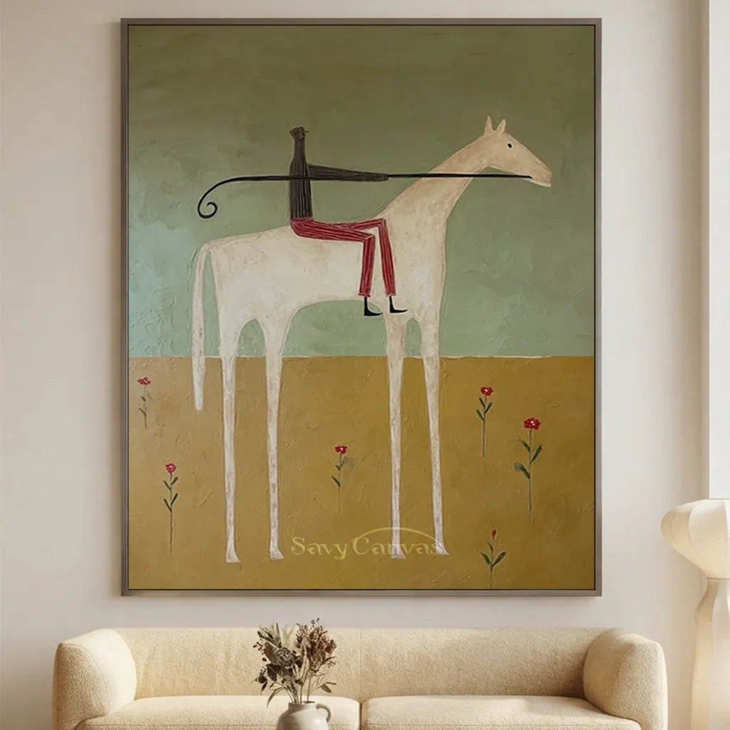 100% handmade modernism equestrian oil painting in earth tones featuring a spearman on a white horse, displayed above a dark leather sofa in an industrial loft by Savy Canvas.
